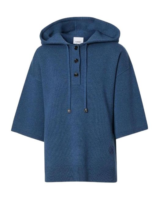 Burberry Blue Half-Sleeve Cashmere-Blend Hoodie