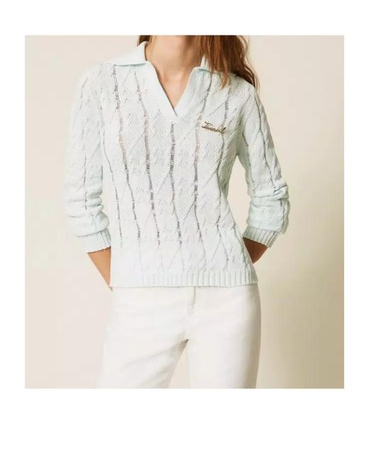 Twinset Blue Polo-Collar Cable-Knit Sweater