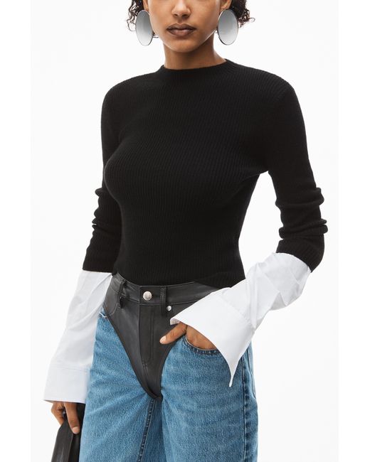 Alexander Wang Black Fine-Ribbed Contrasting-Cuffs Jumper
