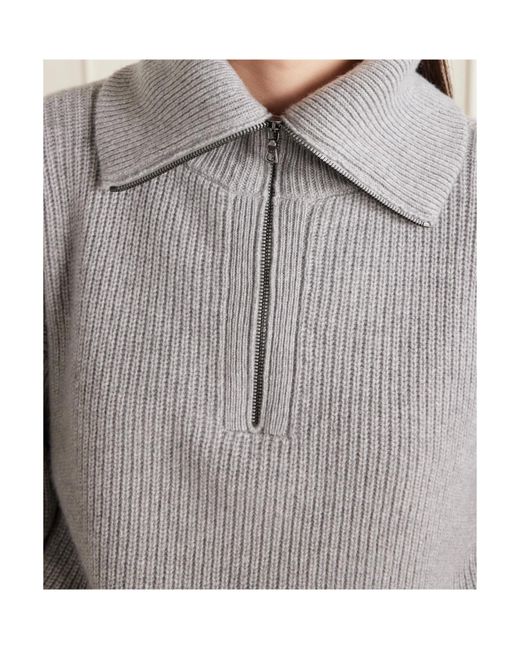 The Elder Statesman Gray Runyon Ribbed Cashmere Turtleneck Half-Zip Sweater