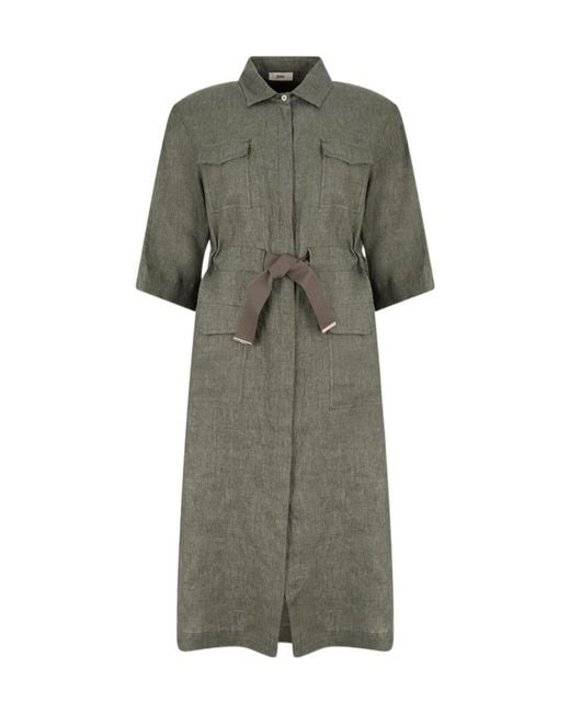 Herno Green Drawstring-Waist Linen Midi Dress