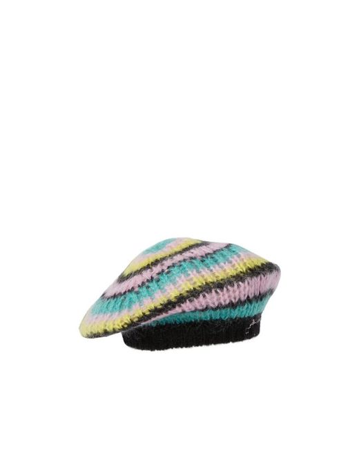 Ganni Green Logo Embroidered Striped Beret