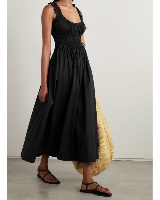 Doen Black Emmaretta Tie-Detailed Shirred Organic Cotton-Voile Midi Dress