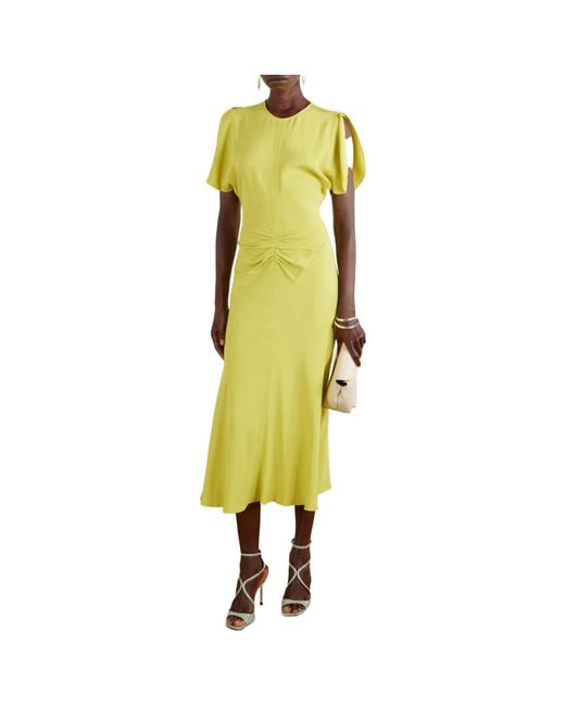 Victoria Beckham Yellow Midi Dress With Round Neck