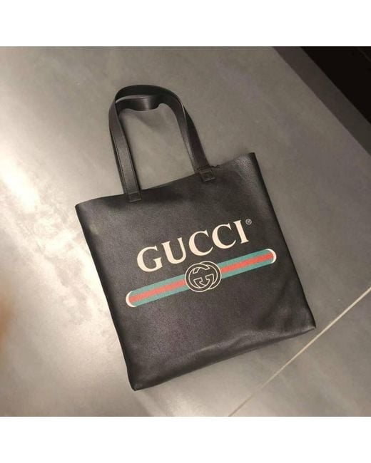 Gucci Black Logo-Print Leather Tote Bag