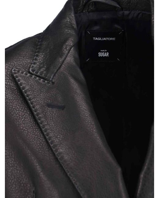 Tagliatore Black Double-Breasted Leather Blazer