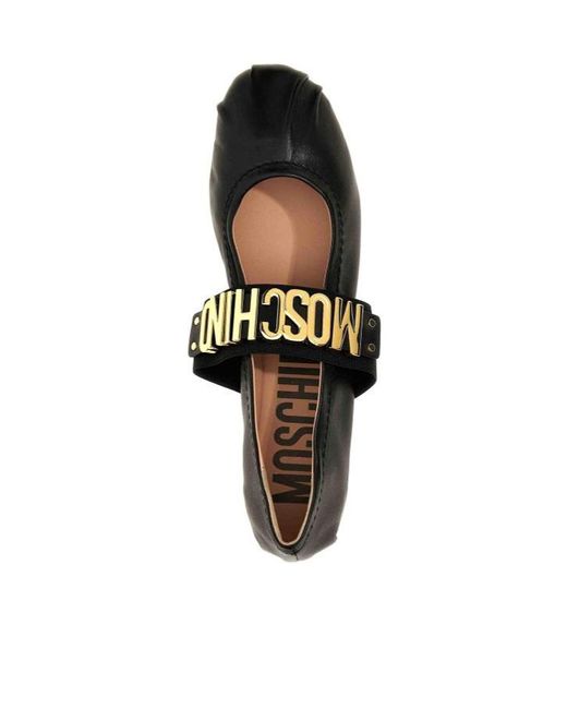 Moschino Black Logo-Lettering Leather Ballerina Shoes