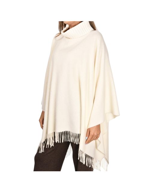 Gran Sasso Natural Fringed Roll-Neck Poncho