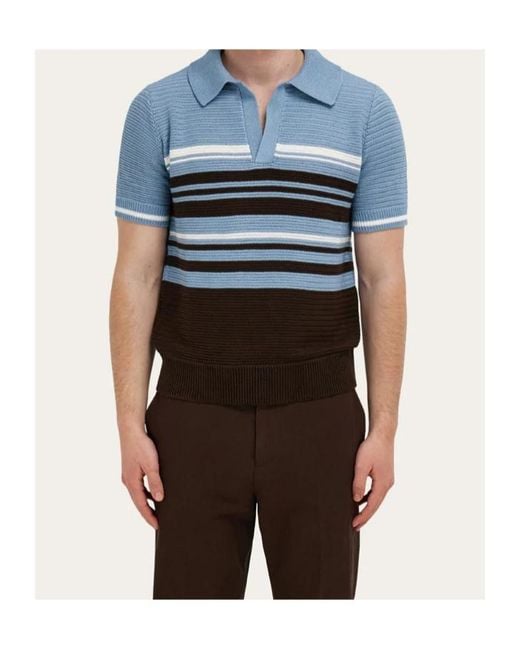 Ferragamo Blue Ferragamo Striped Knitted Polo Shirt for men