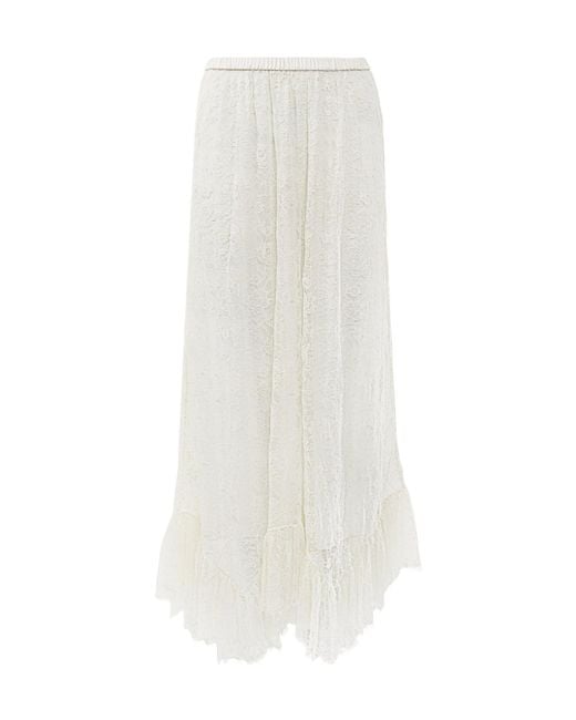 Chloé White Chloé Floral Lace Jacquard Ruffled Midi Skirt