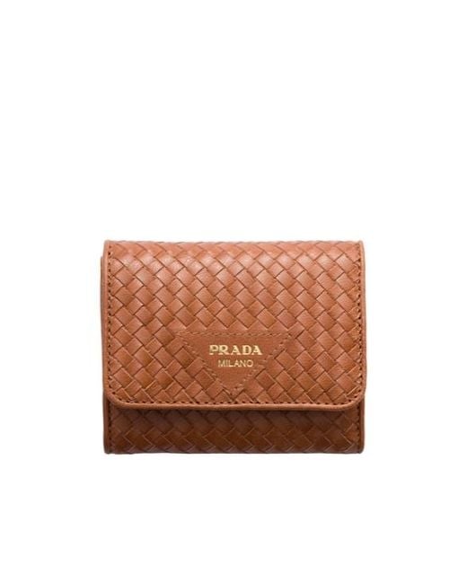 Prada Brown Small Woven Leather Wallet