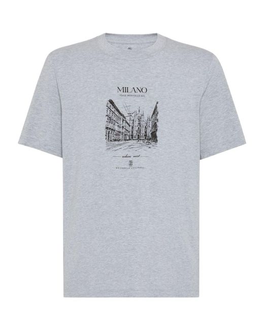 Brunello Cucinelli Gray Graphic Printed Crewneck T-Shirt for men