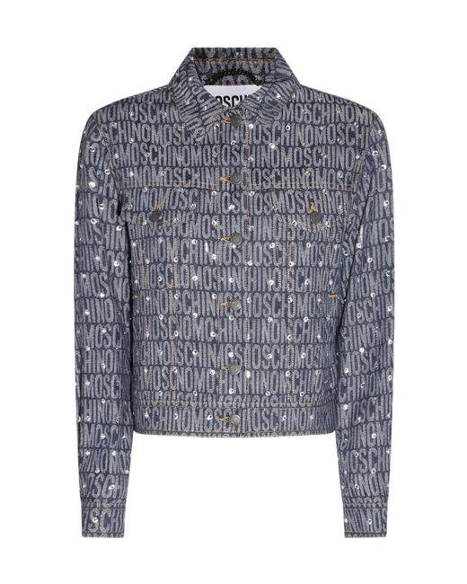 Moschino Blue Allover Logo Rhinestone Button-Up Jacket