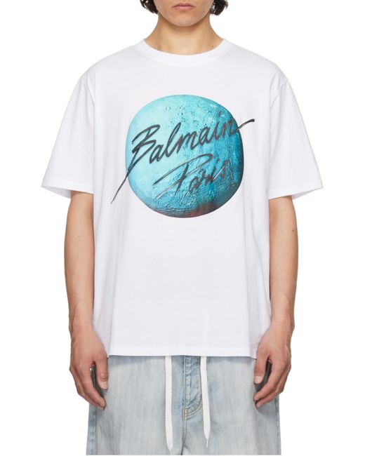Balmain White Printed Paris Logo And Planet T-Shirt for men