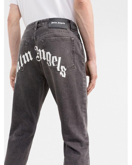 Palm Angels Gray Logo Printed Straight Leg Jeans for men
