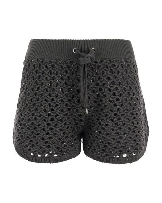 Brunello Cucinelli Gray Sequin-Embellished Crochet Short Shorts