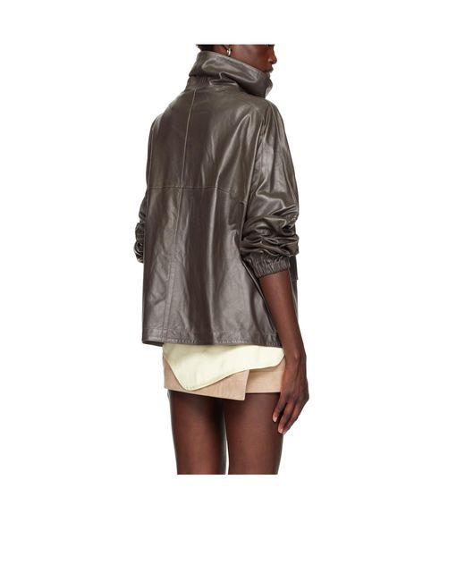 Nour Hammour Gray Stand-Collar Leather Jacket