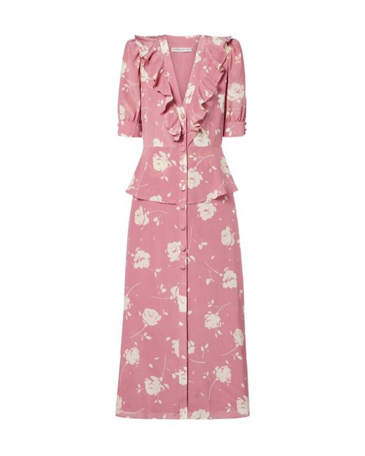 Alessandra Rich Pink Floral Ruffled Silk Midi Dress