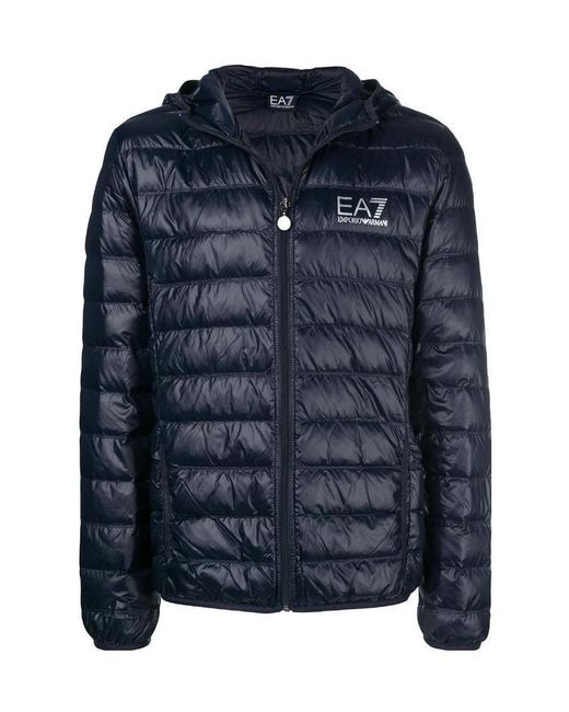 EA7 Blue Long-Sleeved Hooded Down Jacket for men