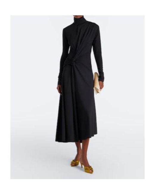 Victoria Beckham Black Letice Gathered Turtleneck Jersey Midi Dress