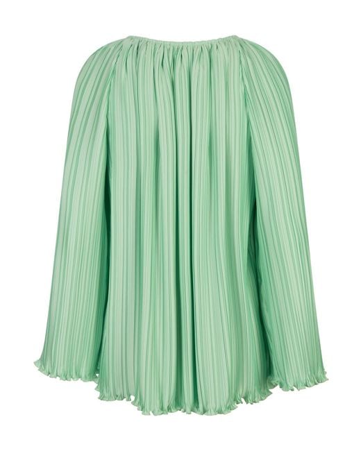 Lanvin Green Pleated Ruffled-Hem Tied-Neck Blouse