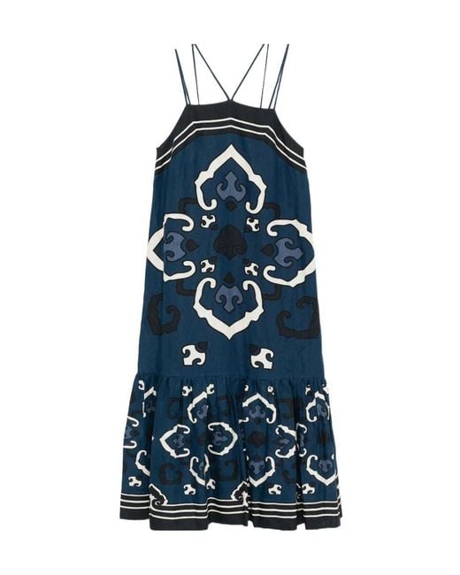 Sea Blue Printed Strap Midi Dress