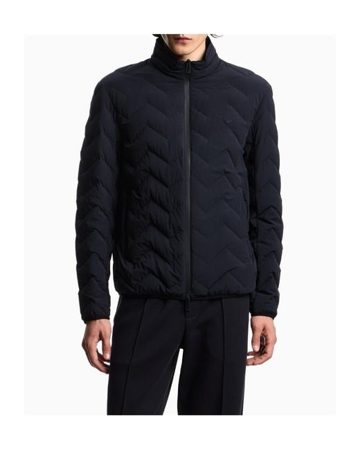 Emporio Armani Blue Nylon Down Jacket With Zip And Chevron Quilting Essential for men