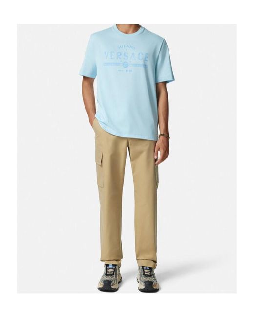 Versace Blue Logo-Printed Crewneck T-Shirt for men