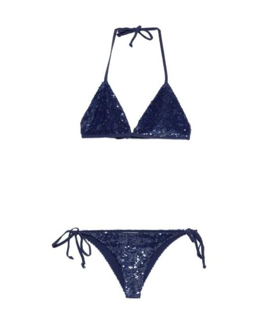 P.A.R.O.S.H. Blue Triangle Halter Bikini Sequin Low Rise Set