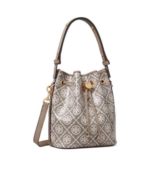 Tory Burch Gray Logo-Jacquard Bucket Bag