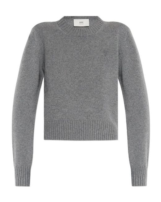 AMI Gray Ami De Coeur Logo-Embroidered Knit Cropped Jumper