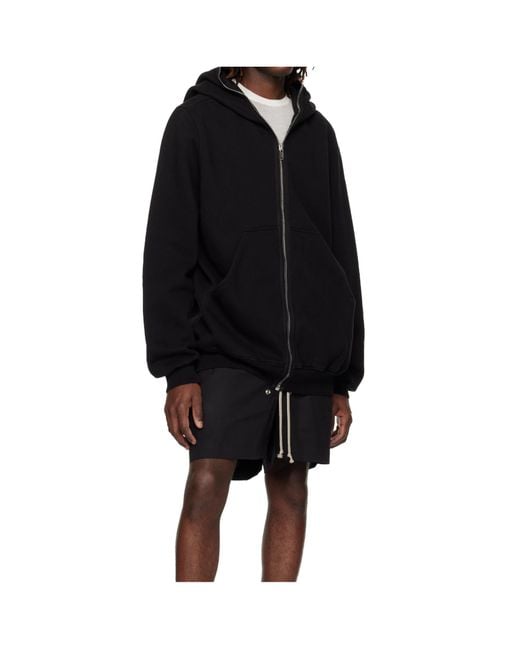 Rick Owens Black Zip Hooded Cotton Sweatshirt for men