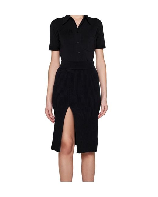 Filippa K Black Front-Slit Ribbed Midi Skirt