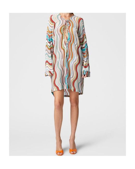 Missoni Blue Lamé Wave Motif Long-Sleeved Cover-Up Kaftan