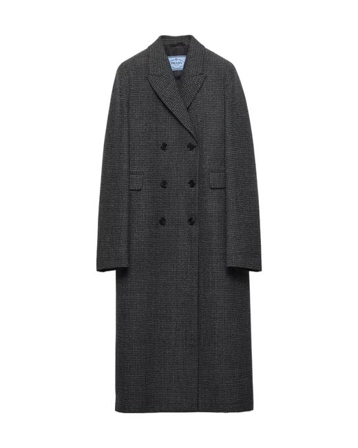 Prada Black Double-Breasted Gingham-Checked Mouliné Wool Coat