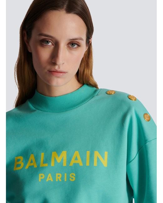 Balmain Blue Logo Printed Crewneck Cropped Sweatshirt