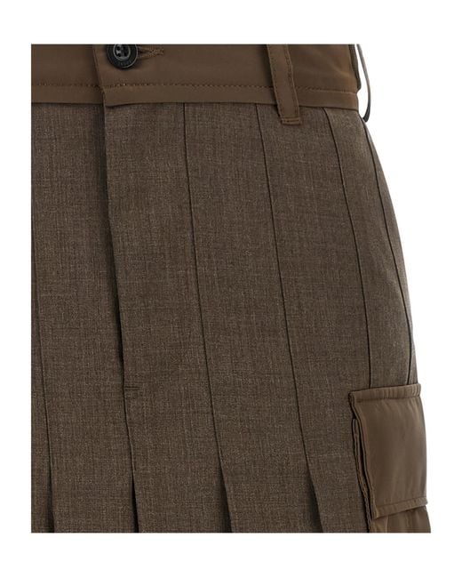 Sacai Brown Asymmetrical Pleated Midi Skirt