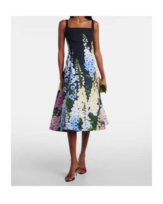 Oscar de la Renta Blue Floral Faille Coktail Dress