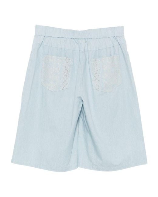 Semicouture Blue Zelda Embroidered Cotton Shorts