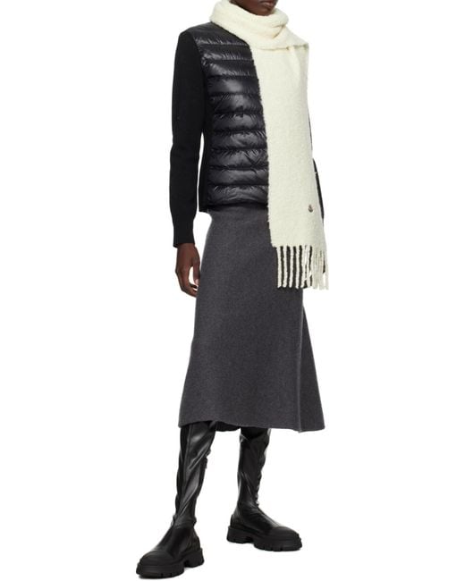 Moncler White Logo Patch Brushed Fringed Scarf