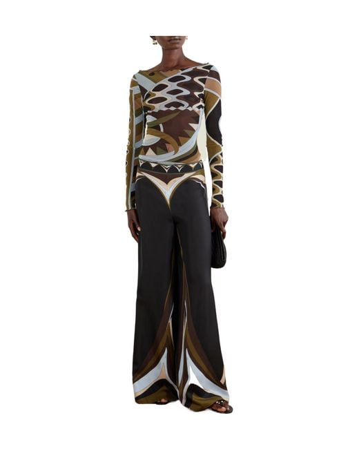 Emilio Pucci Blue Printed Silk-Twill Wide-Leg Pants
