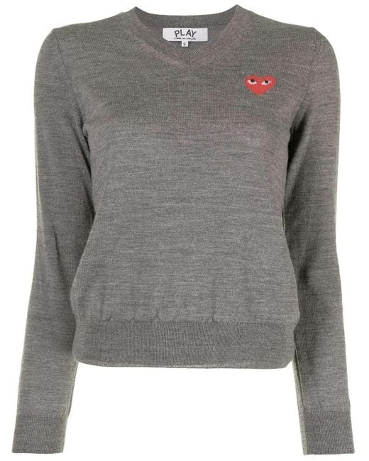 COMME DES GARÇONS PLAY Gray Intarsia Knit-Logo V-Neck Jumper