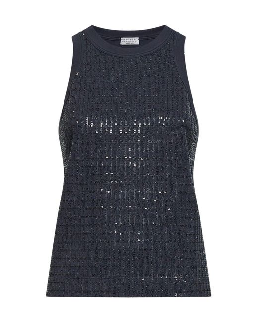 Brunello Cucinelli Blue Sequined Ribbed Halterneck Top
