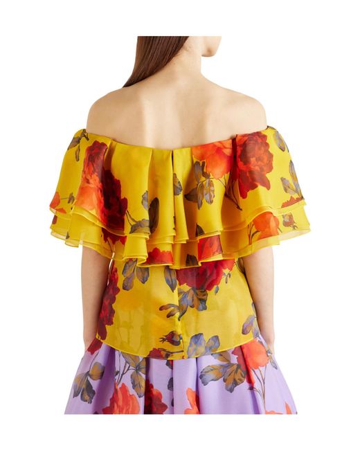 Carolina Herrera Yellow Off-The-Shoulder Ruffled Floral-Print Silk-Organza Top
