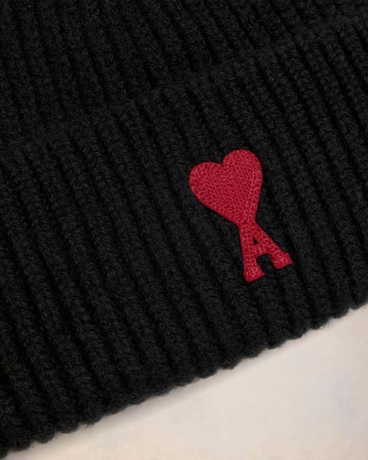 AMI Black Logo Patch Knitted Beanie