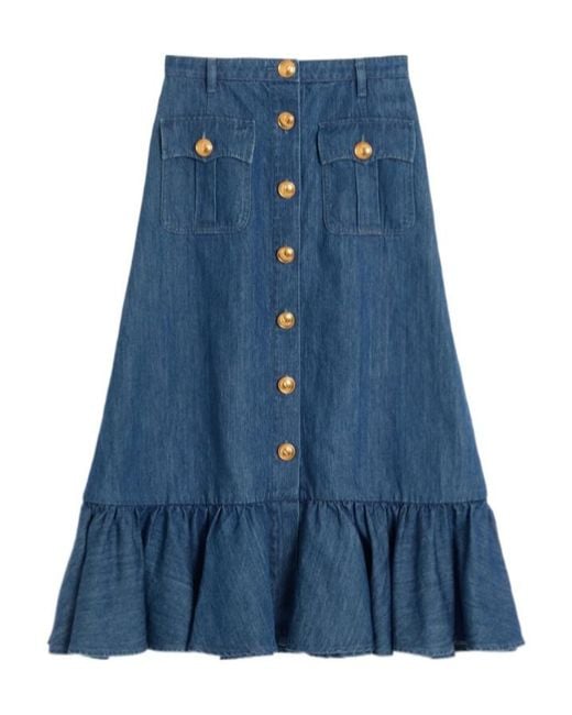 Valentino Blue Button Detailed Flared Hem Denim Skirt