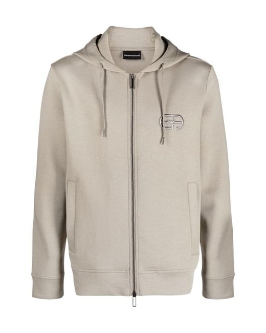 Emporio Armani Natural Logo-Embroidered Zipped Drawstring Hoodie for men