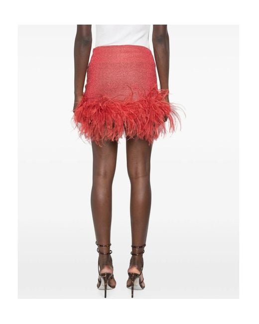 Oseree Red Feather-Decorated Midi Skirt