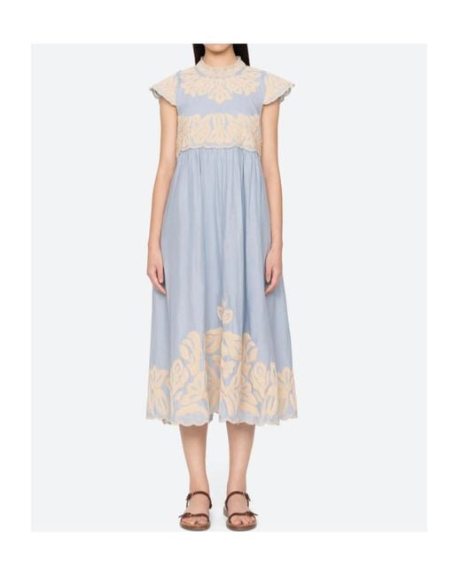 Sea Blue Alexandra Embroidery Cap-Sleeve Midi Dress