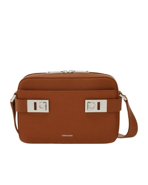 Ferragamo Brown East-West Crossbody Bag With Gancini Buckles for men